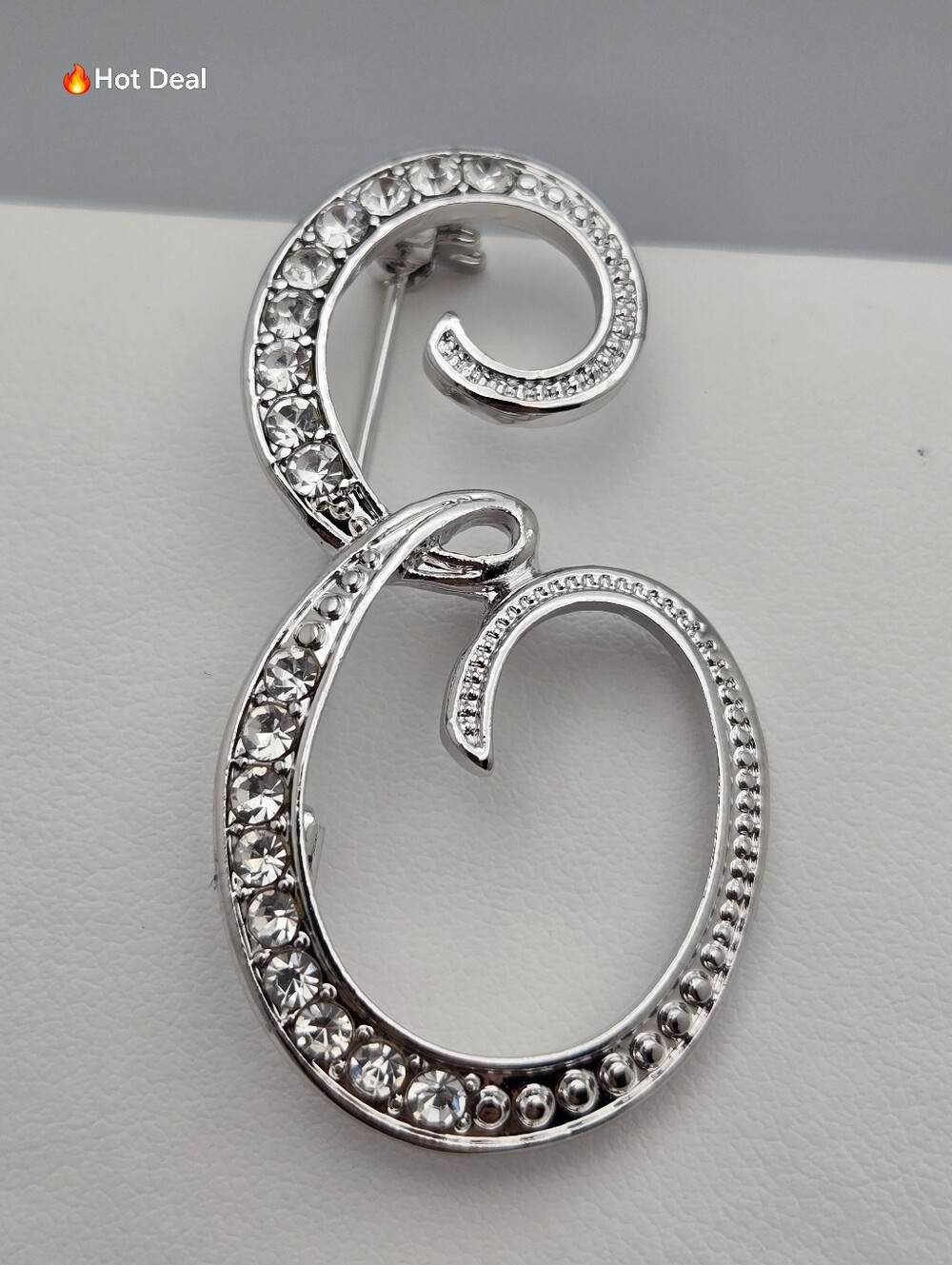 Silver Tone Rhinestone Letter E Initial Brooch Pin Cursive Personalized Sparkly